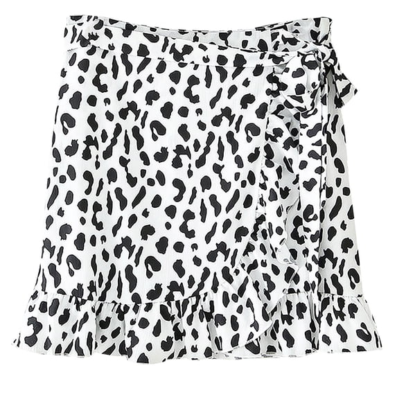 MIXUE Women Skirts Casual Leopard Print Ruffles Pleated Lace Up Bandage Short A-Line Skirts Casual High Waisted Elastic Skirts