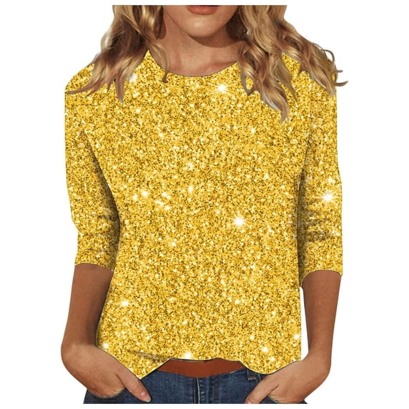 MIXUE Women T-Shirts 3/4 Sleeve Shiny Glitter Print Tunic Tee Tops Summer Crewneck Soft Casual Daily Wear Trendy Tshirts