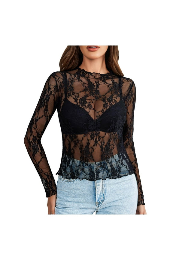 Women T-Shirts Sheer Embroidery Mesh Long Sleeve Neck Tops See Through Floral Lace See Through Tee Shirts Party Tops