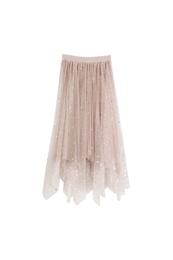 Women Tulle Skirts Spring Summer High Waist Star Sequin Velvet Lined Irregular Mesh Comfy Drawstring Pleated Skirts