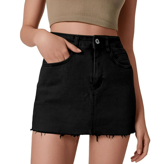 MIXUE Womens Skirts Solid Color Bodycon Denim Short Mini High Waist Casual Washed Stretchy Jean Pockets Skirt Outwear,Black,S