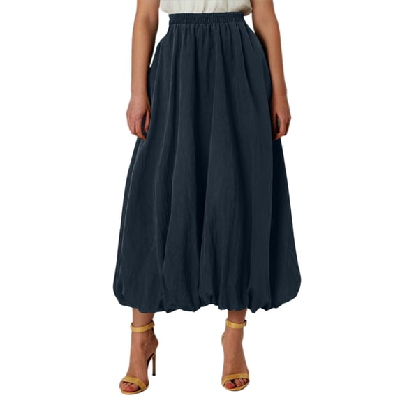 MIXUE Womens Skirts Solid Color Casual Loose Floral Midi Stretch Waistb A Line Skirt Daily-Wear,Blue,M