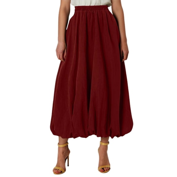 MIXUE Womens Skirts Solid Color Casual Loose Floral Midi Stretch Waistb A Line Skirt Daily-Wear,Red,XL