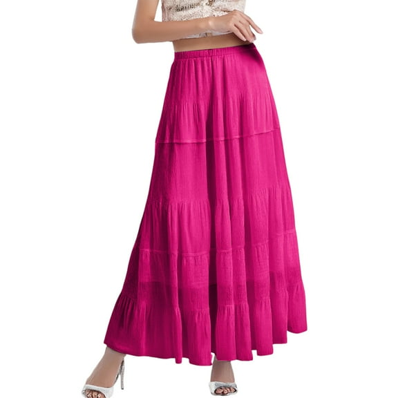 MIXUE Skirts For Women Summer Solid Color Elastic High Waist A Line Pleated Boho Maxi Skirt Outwear,Pink,XXL