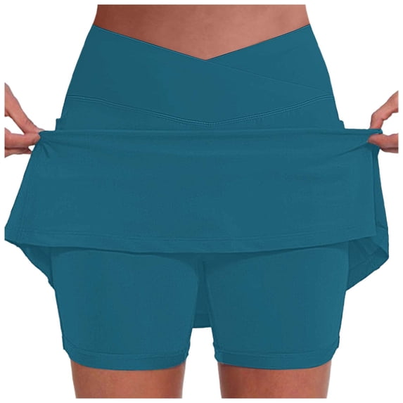 MIXUE Womens Skirts Solid Color High Waist Pocket Athletic Leggings Two Piece Set V Neck Sports Fashion Workout Bottoms Skirt Holiday Wear,Blue,XXL