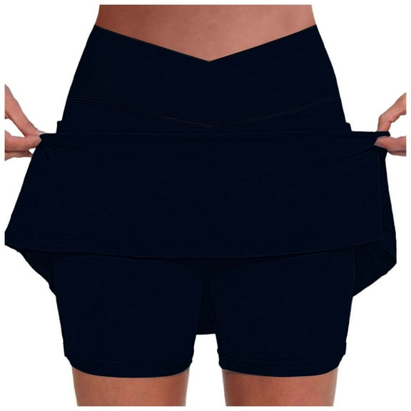 MIXUE Womens Skirts Solid Color High Waist Pocket Athletic Leggings Two Piece Set V Neck Sports Fashion Workout Bottoms Skirt Sportwear,Blue,XXL