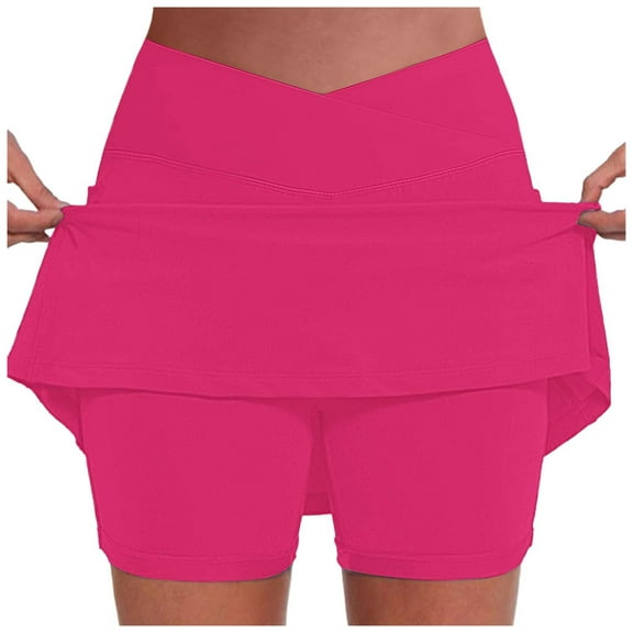 MIXUE Womens Skirts Solid Color High Waist Pocket Athletic Leggings Two Piece Set V Neck Sports Fashion Workout Bottoms Skirt Streetwear,Pink,XXL