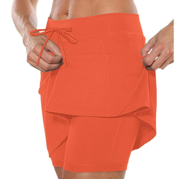 MIXUE Womens Skirts Solid Color Mid Waist Drawstring Pocket Casual Sports Two Piece Set Skirt Sportwear,Orange,S