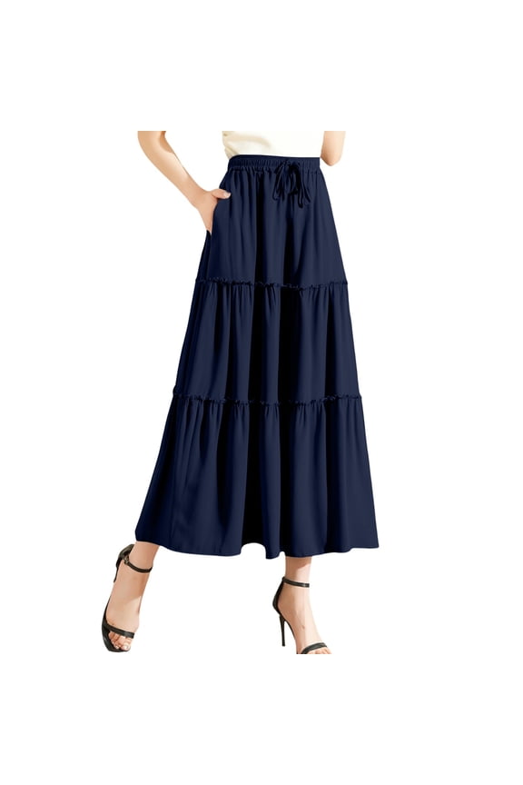 Womens Skirts Solid Color Summer Layered Wooden Ear Trim High Waist Elastic Lace Ruffled Edge Skirt Holiday Wear,Blue,S
