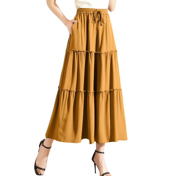 MIXUE Womens Skirts Solid Color Summer Layered Wooden Ear High Waist Elastic Lace Ruffled Edge Skirt Holiday Wear,Yellow,L