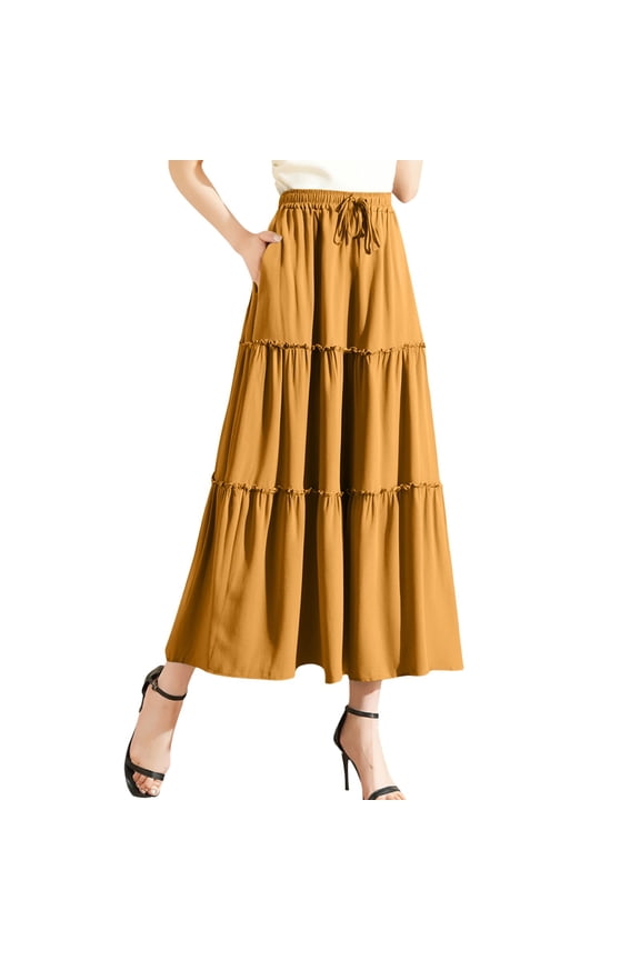 Womens Skirts Solid Color Summer Layered Wooden Ear Trim High Waist Elastic Lace Ruffled Edge Skirt Outwear,Yellow,S