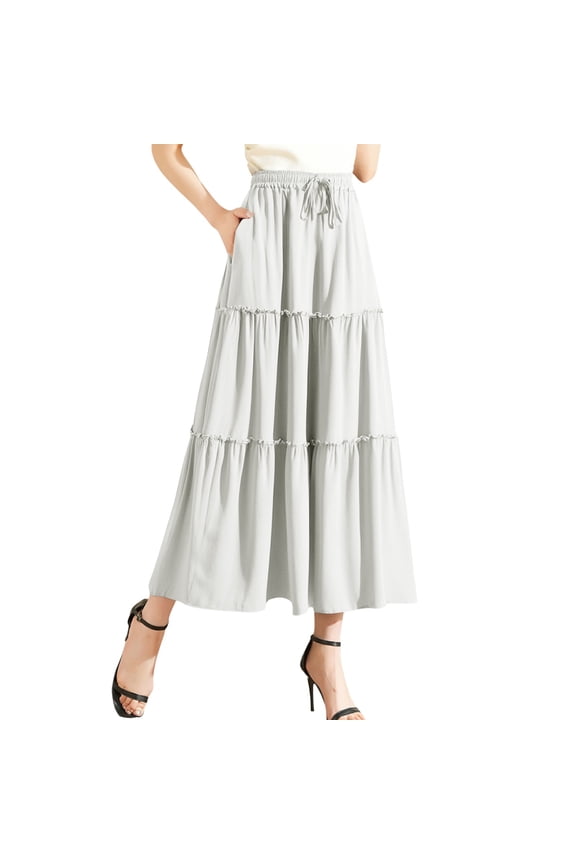 Womens Skirts Solid Color Summer Layered Wooden Ear Trim High Waist Elastic Lace Ruffled Edge Skirt Streetwear,White,S