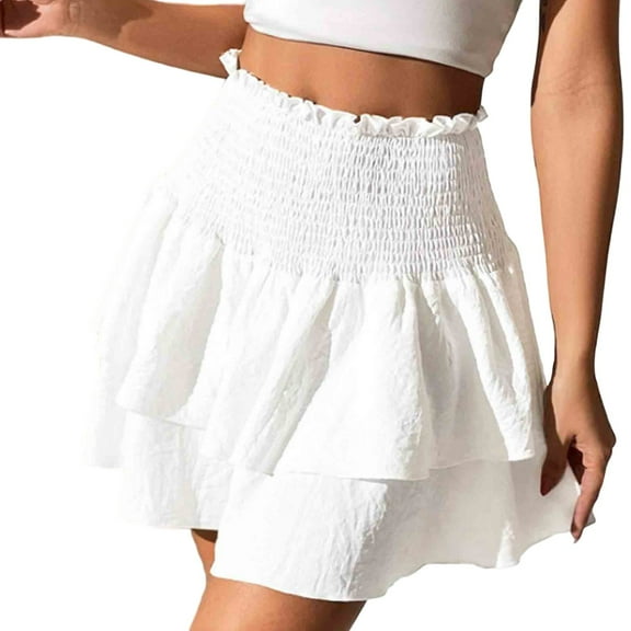 MIXUE Womens Skirts Solid Color Summer Mini High Waist Ruffle Hem Casual Skirt Daily-Wear,White,XL