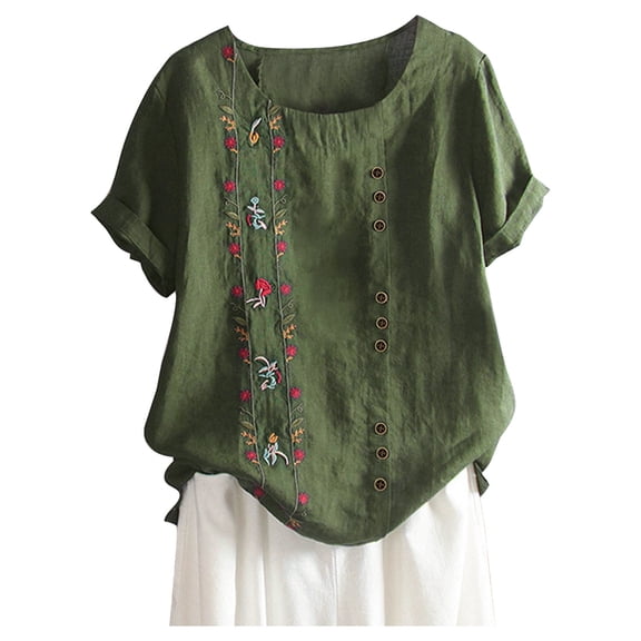 MIXUE Womens Summer Tops Cotton Linen Floral Embroidered Round Neck Short Sleeve Loose Casual Retro Shirts For Women T-shirts Sportwear,Green,M