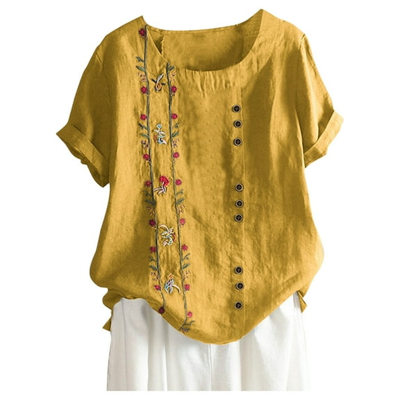MIXUE Womens Summer Tops Cotton Linen Floral Embroidered Round Neck Short Sleeve Loose Casual Retro Shirts For Women T-shirts Sportwear,Yellow,M
