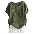 thumbnail image 1 of MIXUE Womens Summer Tops Cotton Linen Floral Embroidered Round Neck Short Sleeve Loose Casual Retro Shirts For Women Tshirts Outwear,Green,XL, 1 of 3