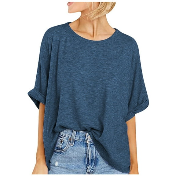 MIXUE Womens Summer Tops Cotton Solid Color Round Neck Short Sleeve Loose Casual Shirts For Women Tee Shirts Activewear,Blue,M