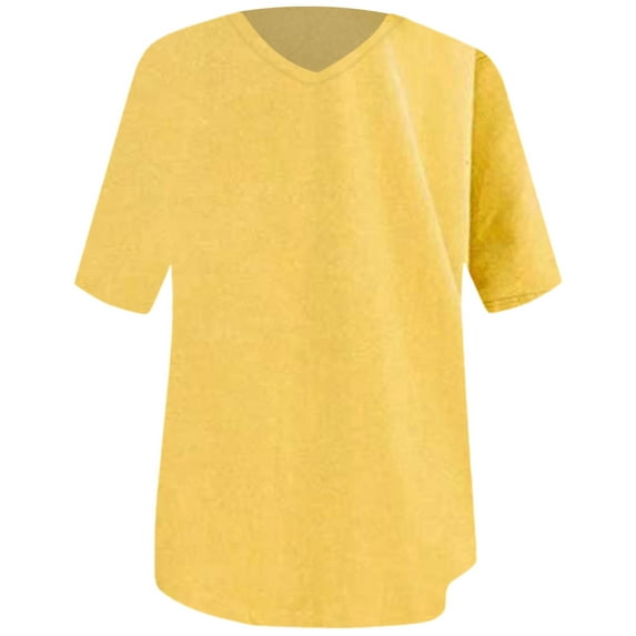 MIXUE Womens Summer Tops Cotton Solid Color V Neck Short Sleeve Loose Casual Tunic Shirts For Women Tee Shirts Daily-Wear,Yellow,S