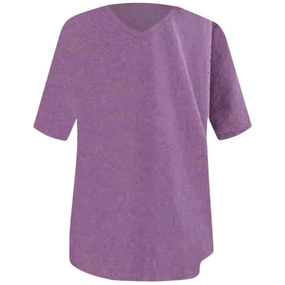 MIXUE Womens Summer Tops Cotton Solid Color V Neck Short Sleeve Loose Casual Tunic Shirts For Women Tshirts Holiday Wear,Purple,XL
