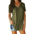 thumbnail image 1 of MIXUE Womens Summer Tops Cotton Solid Color V Neck Short Sleeve Loose Causal Shirts For Women T-shirts Sportwear,Green,XXL, 1 of 6