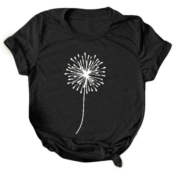 MIXUE Womens Summer Tops Dandelion Print O Neck Short Sleeve Loose Casual Shirts For Women Tshirts Holiday Wear,Black,XXXL