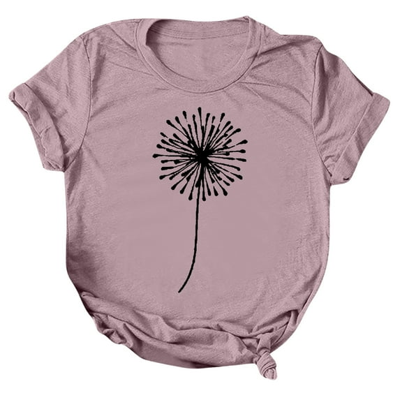 MIXUE Womens Summer Tops Dandelion Print Round Neck Short Sleeve Casual Fashion Plus Size Shirts For Women Tshirts Holiday Wear,Pink,XL