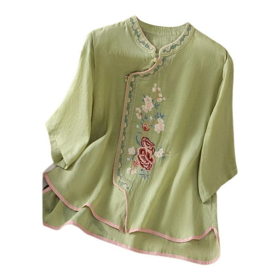 MIXUE Womens Summer Tops Floral Embroidered Retro Round Neck Long Sleeve Loose Shirts For Women Tee Shirts Daily-Wear,Green,XXXL