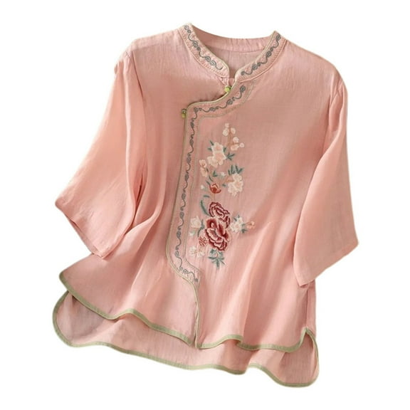 MIXUE Womens Summer Tops Floral Embroidered Retro Round Neck Long Sleeve Loose Shirts For Women Tshirts Holiday Wear,Pink,M