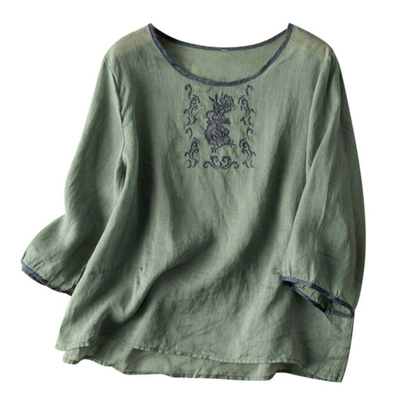 MIXUE Womens Summer Tops Floral Embroidered Round Neck 3/4 Sleeve Casual Vintage Fashion Shirts For Women Tee Shirts Daily-Wear,Green,L