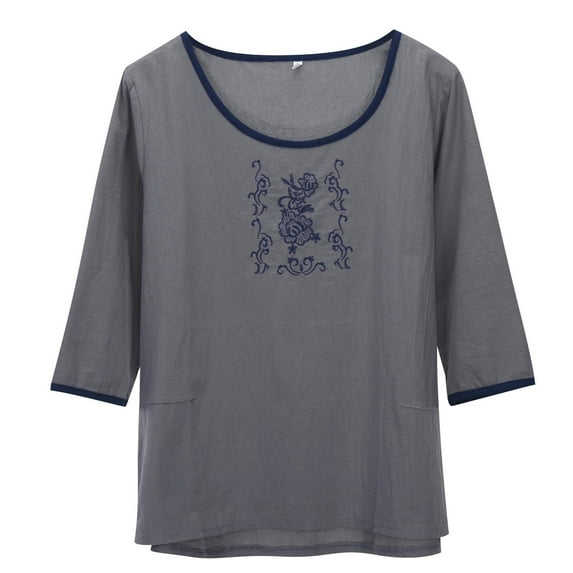 MIXUE Womens Summer Tops Floral Embroidered Round Neck 3/4 Sleeve Casual Vintage Fashion Shirts For Women Tshirts Holiday Wear,Gray,M