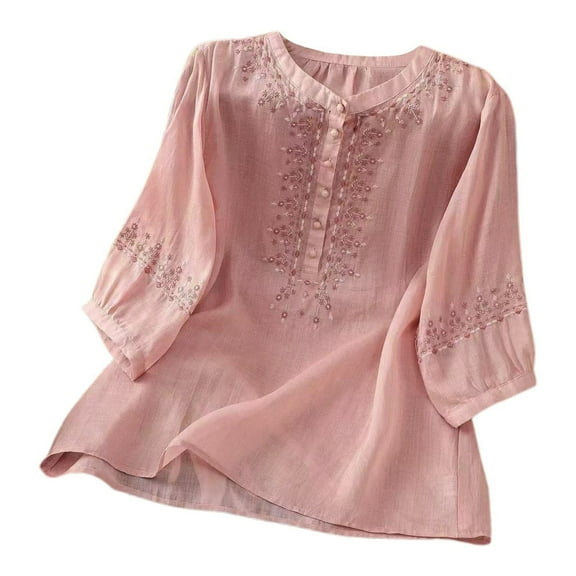 MIXUE Womens Summer Tops Floral Embroidered Round Neck Long Sleeve Fashion Casual Shirts For Women Tee Shirts Activewear,Pink,M