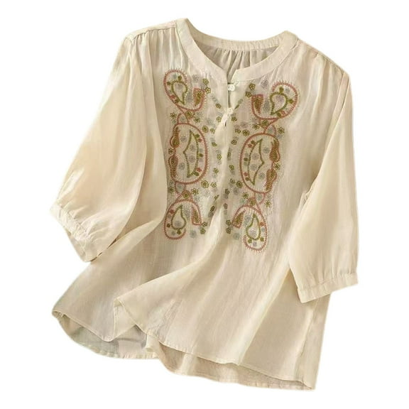 MIXUE Womens Summer Tops Floral Embroidered Round Neck Long Sleeve Fashion Shirts For Women Tshirts Holiday Wear,Beige,L