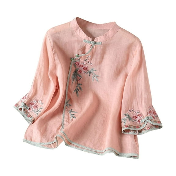 MIXUE Womens Summer Tops Floral Embroidered Round Neck Long Sleeve Loose Fashion Casual Shirts For Women Tee Shirts Activewear,Pink,M