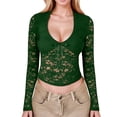 thumbnail image 1 of MIXUE Womens Summer Tops Floral Lace Solid Color Sexy Deep V Neck Long Sleeve Hollow Out T Shirts Holiday Wear,Green,XS, 1 of 5