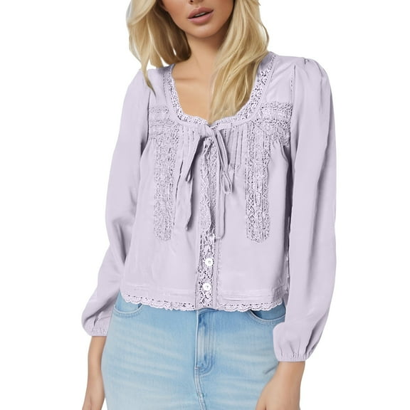 MIXUE Womens Summer Tops Floral Lace Solid Color Tie Front Ruffle Square Collar Long Sleeve Casual T-shirts Sportwear,Blue,M