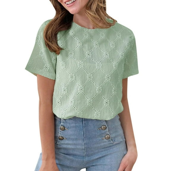 MIXUE Womens Summer Tops Flower Embroidered Jacquard Solid Color Round Neck Short Sleeve Loose Pullover T-shirts Daily-Wear,Green,S