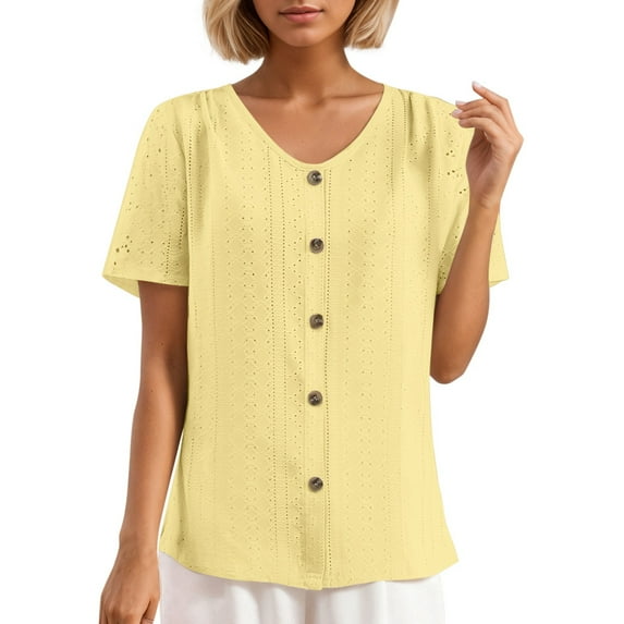 MIXUE Womens Summer Tops Jacquard Solid Color Round Neck Button Down Short Sleeve Loose Pullover T Shirts Daily-Wear,Yellow,M