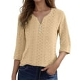 thumbnail image 1 of MIXUE Womens Summer Tops Jacquard Solid Color V Neck Three Quarter Sleeve Stylish Fashion Casual Pullover T-shirts Daily-Wear,Beige,XL, 1 of 5