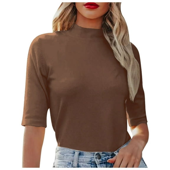 MIXUE Womens Summer Tops Knitted Solid Color Round Neck Short Sleeve Fashion Casual Elastic Slim Tight Formal Shirts For Women T-shirts Sportwear,Brown,S