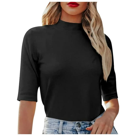 MIXUE Womens Summer Tops Knitted Solid Color Round Neck Short Sleeve Fashion Casual Elastic Slim Tight Formal Shirts For Women Tee Shirts Activewear,Black,L