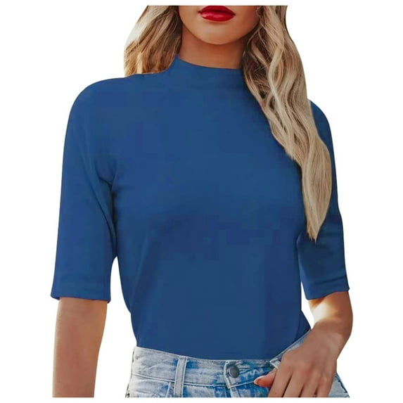 MIXUE Womens Summer Tops Knitted Solid Color Round Neck Short Sleeve Fashion Casual Elastic Slim Tight Formal Shirts For Women Tee Shirts Daily-Wear,Blue,XL