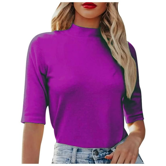 MIXUE Womens Summer Tops Knitted Solid Color Round Neck Short Sleeve Fashion Casual Elastic Slim Tight Formal Shirts For Women Tshirts Holiday Wear,Purple,S
