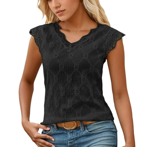 MIXUE Womens Summer Tops Lace Solid Color V Neck Sleeveless Vest Fashion Pullover T-shirts Sportwear,Black,XL