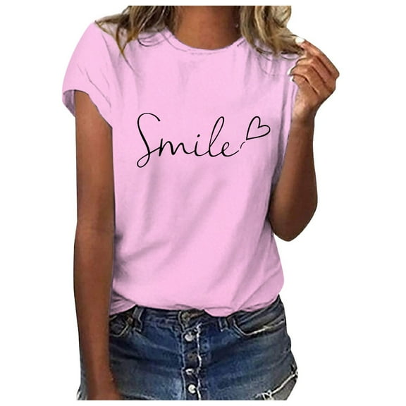 MIXUE Womens Summer Tops Letter Print Crew Neck Short Sleeve Fashion Casual Shirts For Women T-shirts Streetwear,Pink,M