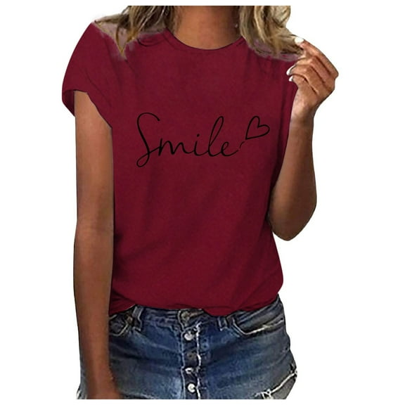 MIXUE Womens Summer Tops Letter Print Crew Neck Short Sleeve Fashion Casual Shirts For Women Tee Shirts Activewear,Red,L