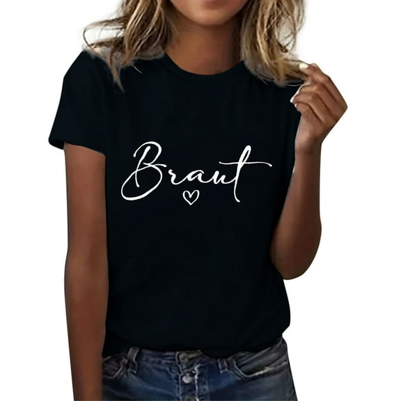 MIXUE Womens Summer Tops Letter Print Round Neck Short Sleeve Casual Fashion Shirts For Women Tee Shirts Activewear,Black,M