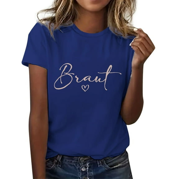 MIXUE Womens Summer Tops Letter Print Round Neck Short Sleeve Casual Fashion Shirts For Women Tee Shirts Daily-Wear,Blue,L