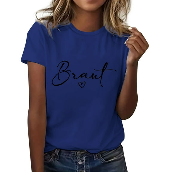 MIXUE Womens Summer Tops Letter Print Round Neck Short Sleeve Casual Fashion Shirts For Women Tee Shirts Daily-Wear,Blue,L