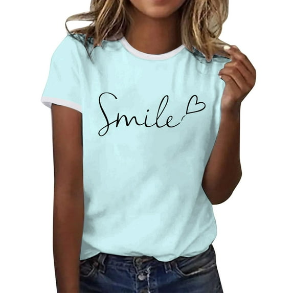 MIXUE Womens Summer Tops Letter Print Round Neck Short Sleeve Fashion Casual Shirts For Women T-shirts Sportwear,Blue,S