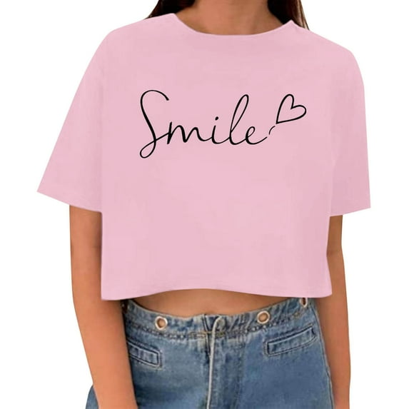 MIXUE Womens Summer Tops Letter Print Round Neck Short Sleeve Loose Casual Shirts For Women T-shirts Streetwear,Pink,L